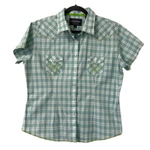 Rough‎ Stock Panhandle Slim Pearl Snap Short Sleeve Plaid Shirt Blue Green Sz XL